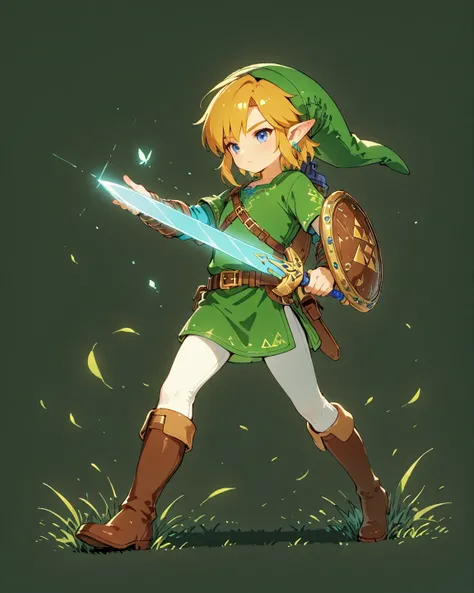 (Link: man, solo, male focus, masculinity, light clear hair, wild hair, leather green hat, blue eyes, long green shirt with leather belt, white inner shirt, white leggings, brown boots),(holding a sword in one hand, holding a shield with triforce icon in o...