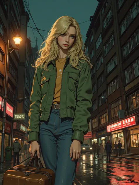 a girl about fifteen years old with blond long hair and brown eyes,  in a green short jacket and jeans, with a suitcase in the rain in the light of a lantern, against the background of old Soviet five-story buildings,  dark tones , granular filter