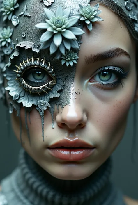 Create a character that represents Mother Earth, with a robotic part on her face, inspired by a French WOMAN model. His eyes are made from plant rags, surrounded by various silver elements, all in shades of grey, black and very light silver, like a tattoo....