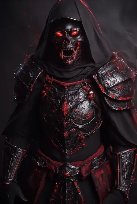 Create an image of a skeleton knight standing in smoke, neon ruby eyes, smoke coming from its mouth, upper body, looking at the viewer,  true black cloak, true black death knight armor, ruby ornaments, glowing ornaments, true black cape, true black hood, e...