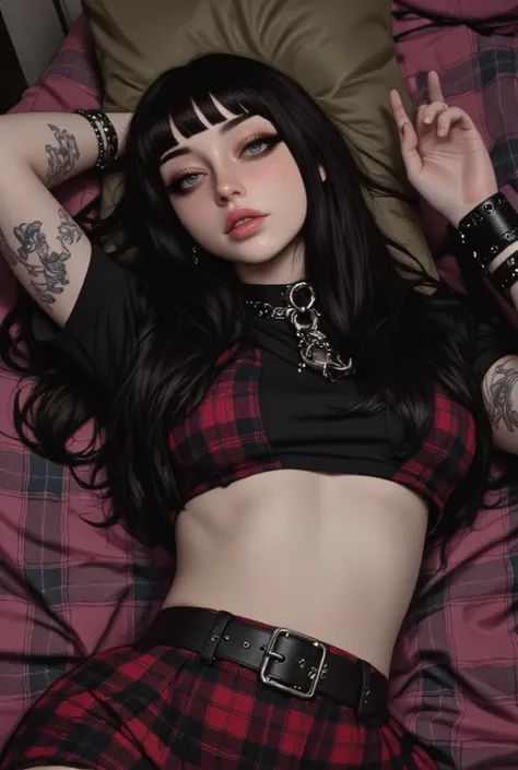 Elisa, arafed woman lying on a bed with a old pink blanket, top with inscriptions and drawing, red and black plaid miniskirt, You can see his abdomen, sensual image without being vulgar, shiny jet black hair, fringe, hair falls to the sides,  she looks at ...