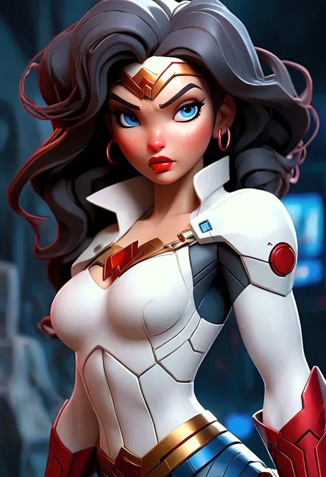 Character: Wonder Woman: cyborg, blue eyes, red lips with white clothes, red latex details, in a cyberpunk world ( gigantic breasts)