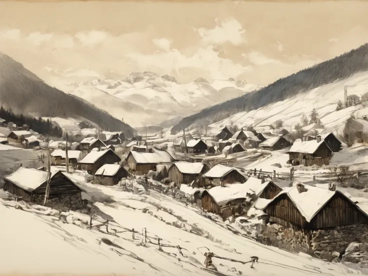 sketch, Of a village in Norway in 1860,  with thick, crossed lines ,  work of art.  Calcium light .   alta resolución,    masterpiece,  alta resolución,  lines of motion ,   The best quality  ,   tall details , beige sketch  . alta resolución, 