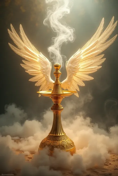 Gold-colored hookah image with wings and smoke in the background 
