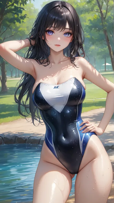 (masterpiece,best quality,ultra detailed,high resolution),(realistic:0.1),(cowboy shot),a woman,beautiful eyes,fair-skin,strapless,damp competition swimsuit,on the park,