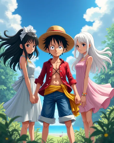 Monkey D Luffy character
with Anime girls ’time 
A girl whose first hair is black Her skin is white 
The second girl, her hair white, her eyes, sharp, white, white 