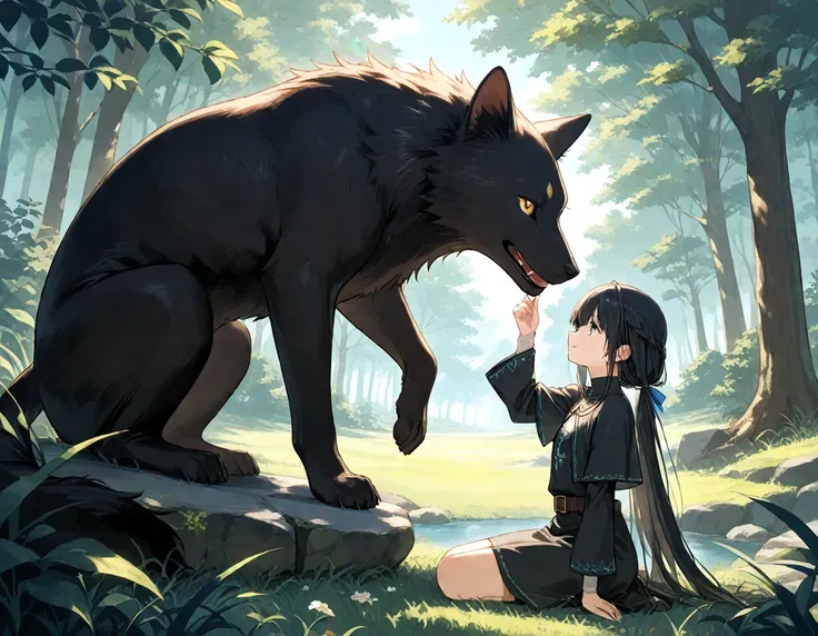 (masterpiece), (best quality), (ultra-detailed),
1girl, black hair,  fantasy, route of a journey, animal,