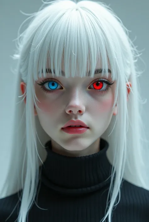 Make an 18-year-old with white hair and one eye blue and the other red 