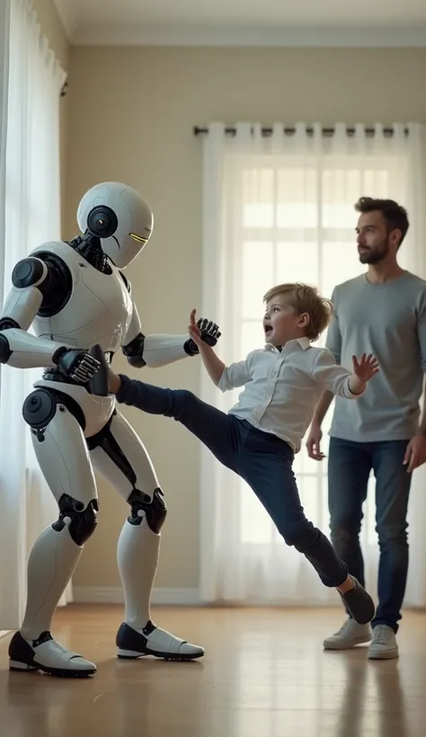 "A futuristic humanoid robot aggressively kicking a young schoolboy, sending him flying backward towards the wall. The boy looks shocked, arms flailing in the air, while the father watches in surprise. The background is a modern home setting."

