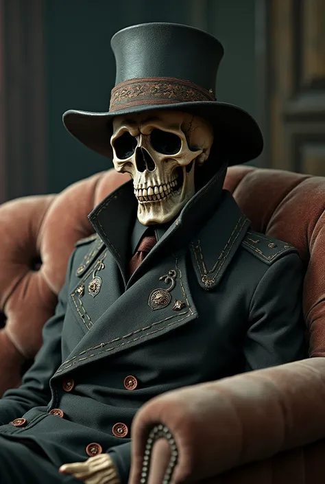 Skull wearing coat and hat sit at sofa