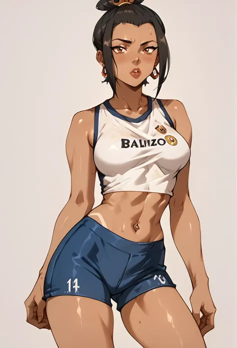 Azula with blonde hair, well tanned skin, Wearing the shirt of the Brazilian football team Botafogo, belly showing, belly button piercing, black shorts open with black and white panties showing,Large breasts with thin waist and thick thighs,