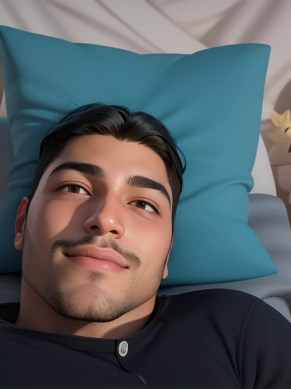 arafed man laying in bed with a pillow and a pillow case, around 1 , 2 , squinting, very very low quality picture, 2 , 2 , 2 , 2 , 18 years old, andres rios, 2 , 21 years oldHD, (best detail), (best quality), cartoon, 3DMM,