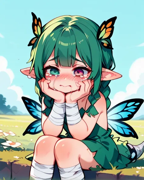 Little fairy girl ( Masterpiece)、 Heterochromic iritis eyes (Green and chrome green sitting in a field of withered flowers )、  green hair(  braids)、  (Sit flat)、 Tattered fairy wings( transparent swallowtail butterfly wings )、 your eyes are shining 、  cryi...