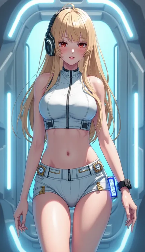 Detailed anime illustration, pixiv style,anime love-live style, zero gravity space. Woman dressed in white spaceship high-tech capsule, cold sleep device. Japanese woman, blonde long hair, blush,shy,wearing futuristic underwear with biosensors and circuit ...