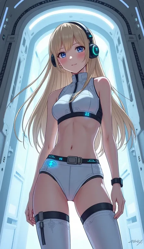 Detailed anime illustration, pixiv style,anime love-live style, zero gravity space. Woman dressed in white spaceship high-tech capsule, cold sleep device. Japanese woman, blonde long hair, blush,shy,wearing futuristic underwear with biosensors and circuit ...