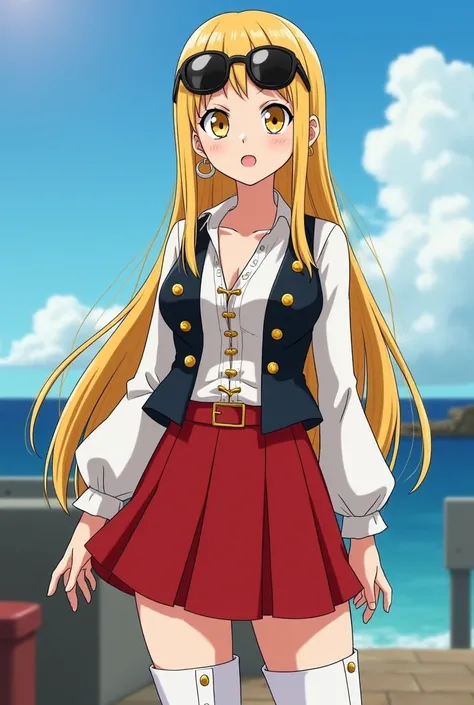  Make a character in the style of the anime One Piece imitating Robin's design, feminine gender,  long straight blond hair,  yellow eyes and white skin .  sunglasses on the head,  ear piercing ,  large hoop earrings and pirate clothing . The outfit include...