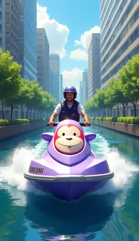  Fantastic　 real 　River flowing through the Japanese office district　Man riding a plated light purple jet ski wearing a life jacket and helmet　Cute light purple monkey face on the front