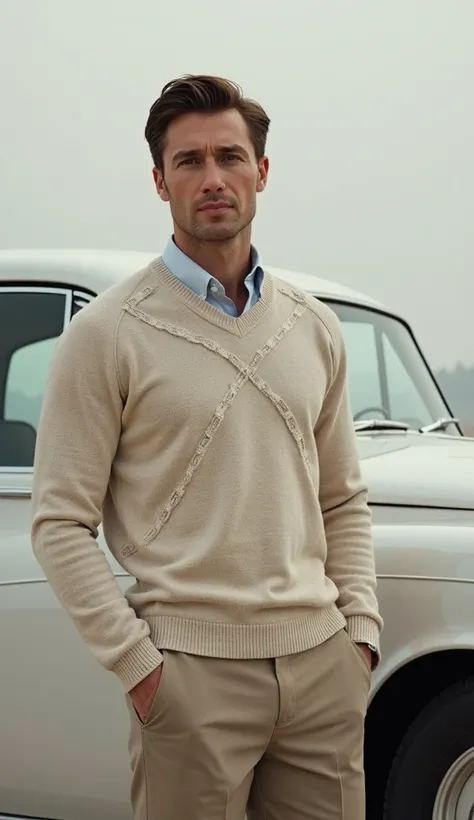 Create a white man with brown hair, next to a gray Rolls-Royce car, with a sweater with beige links details, All clean