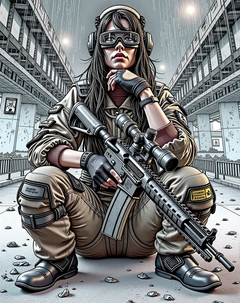 Create a colorful bold line vector illustration of A gritty, futuristic warrior squatting in an urban battlefield setting, wearing tactical military gear and goggles. She has long, disheveled hair and a determined expression, with a camouflaged outfit feat...