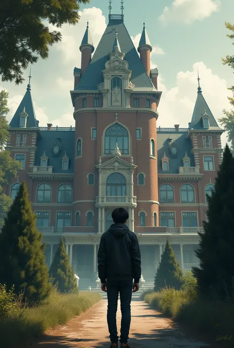 Create cover of a book called Xeque Mate, Where the protagonist is standing in front of a large Victorian boarding school building