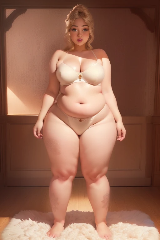  woman wearing a nude bra and panties standing on a rug, Thick body, curvy   hourglass shape  , thick,  the hips are wide,  She has a soft round belly and a big , curved body, bbwchan,  Super realistic full body image ,  ,  Wider hips ,  beautiful thick fe...