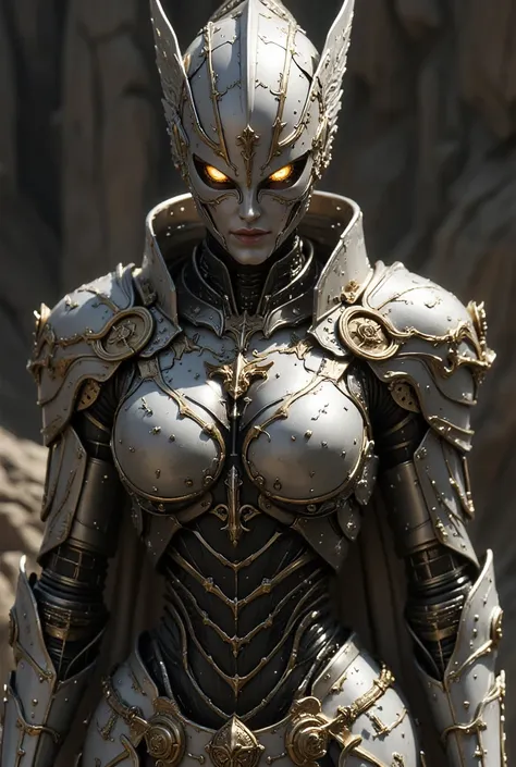  A futuristic female humanoid robot ,  with a curvilinear and strong body ,  similar to a goddess in their metallic construction .  Its structure is composed of high-strength metal alloys ,  covered by adjustable armor ,  that adapts to the shape of your b...