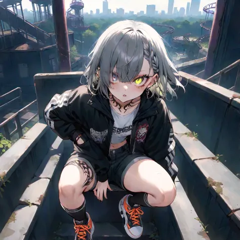 Step Piece,  top quality,  Best Illustration ,  very detailed, horny girl, Gray Hair,  cool black open short jacket,  tattoo,  Messy fade cut hair ,  Side Braid Hair ,Unreasonable, Scenes where you use your whole body to jump up and down , abandoned theme ...