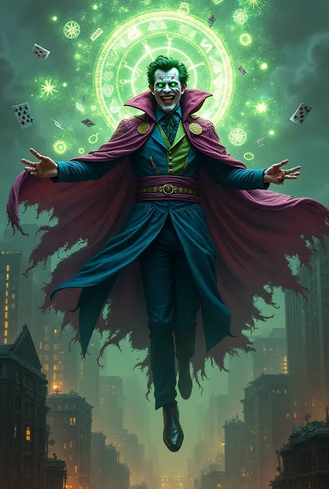 A chaotic fusion of Doctor Strange and the Joker floats above a crumbling city, surrounded by swirling, glowing magical sigils tainted with dark energy. The StrangeJoker wears a twisted version of Strange’s robes, dyed in deep purples and greens, with the ...