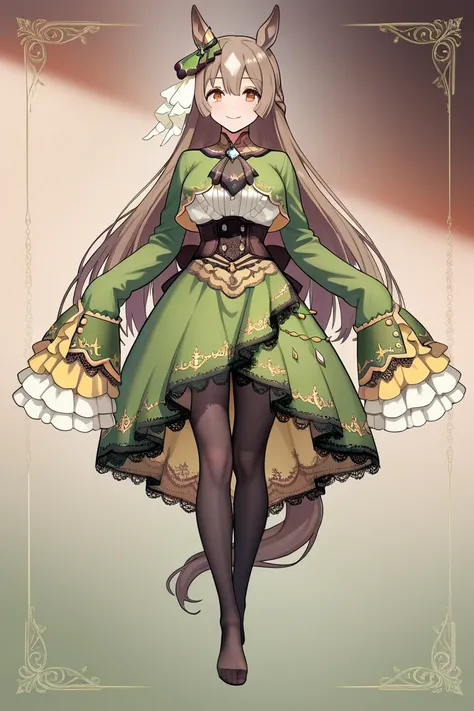 1girl, solo,  satono diamond,upper body, brown eyes, smile, anime captured,,large breasts, face focus,horse ears, horse tail, horse girl,sleeves past wrists, sleeves past fingers, frilled sleeves, frills, long sleeves, corset, green dress, braid, ascot, gr...