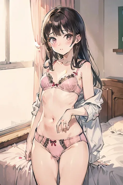  top quality,   super high resolution. (( cute middle school girl)),( small tits),In front of the window、Asahi、Waking up、Messy brown hair, dark eyes,pale pink bra and underwear