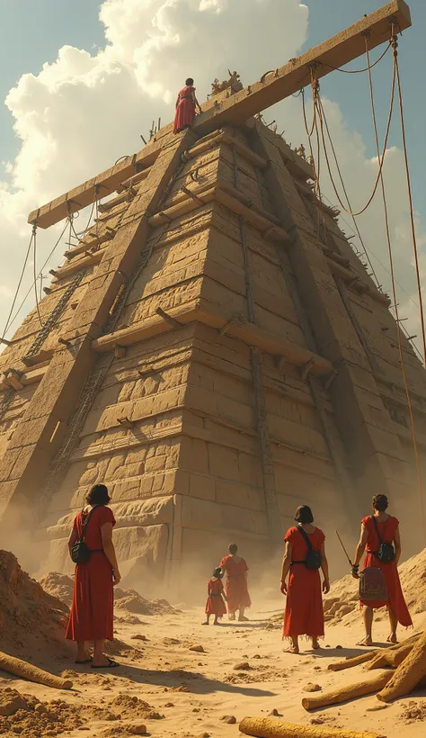 Constructing Scaffolding: Giants and humans work side by side to assemble towering wooden scaffolds around the pyramid. A giant effortlessly lifts a massive wooden beam, while humans secure smaller planks and ropes. Sunlight reflects off golden tools scatt...