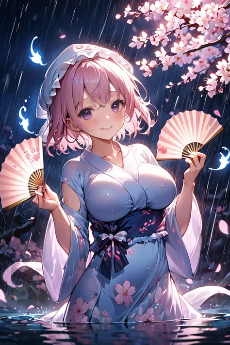  1 woman、 big breasts、She has pale pink, short hair, and hair 、 emphasizes her supernatural presence 。 and she is wearing a light blue kimono that swings gracefully 、The pattern of a cherry blossom wearing a light blue white frilled nightcap is delicately ...