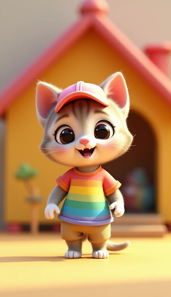  cute kitten、 stand upright on two legs、rainbow-colored t-shirt、rainbow-colored shorts、rainbow-colored cap、There is a very small puppy figurine on the right back of the kitten、colorful dog house background、3d、 8k、 animation