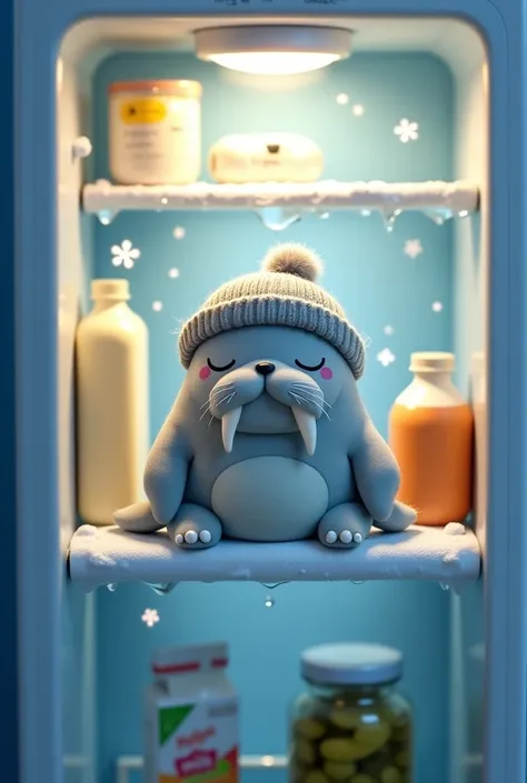 A cozy, frost-tinted refrigerator interior with soft glowing light. On the middle shelf sits a tiny, plush walrus (the size of a loaf of bread) with pearly gray fur, tiny tusks, and droopy whiskers. Its round body is nestled between a milk carton and a jar...