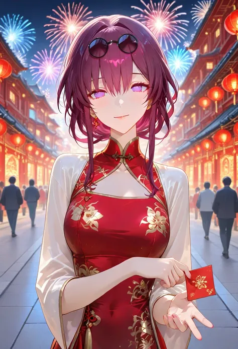 ani2.5,kafka \(honkai: star rail\),masterpiece,best quality,absurdres,highres icon,safe,a beautiful girl,fireworks background,colorful,night,smiling girl,sweet atmosphere,focus on the girl,wearing a red Chinese cheongsam,beautiful face,blue eyes,ultra hd,s...