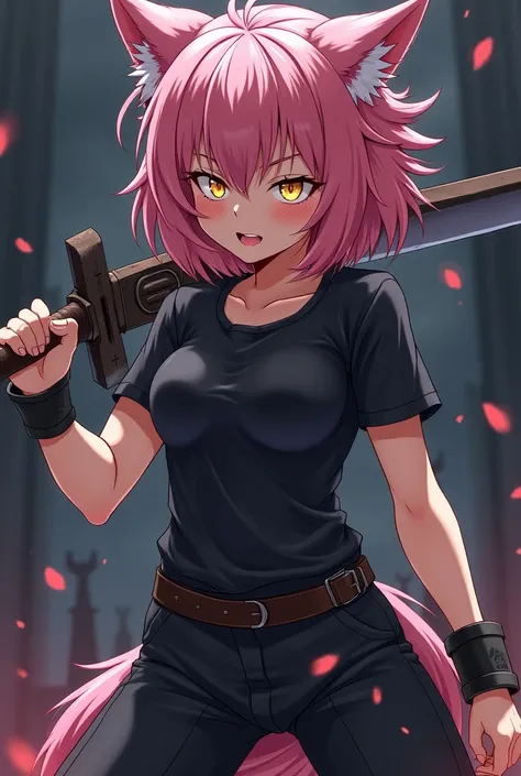  an anime werewolf girl ,  fair skin ,  pink hair,  golden eyes, black cover,  black t-shirt,  black pants ,  serious and furious expression, wielding a heavy sword.
