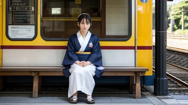 A 20-year-old woman is sitting on a bench in front of a small train station in Japan's Showa period, looking at us.
The woman is wearing a kimono and looks a little lonely.