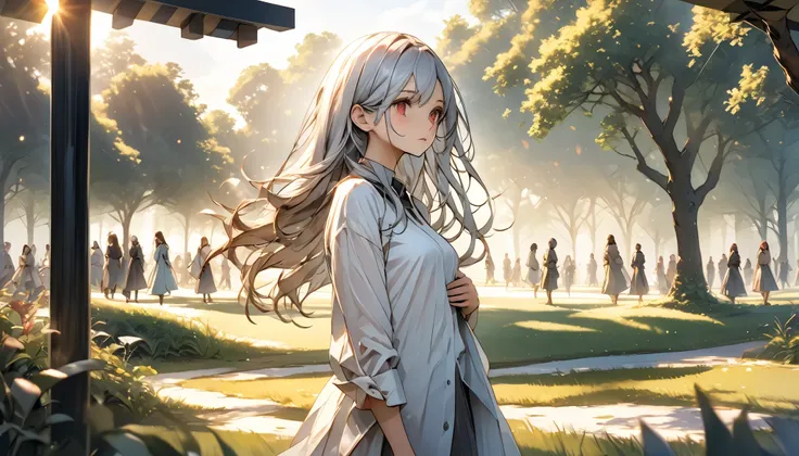 A young woman stands alone in a sunny park or grassy field, holding the cold air with a pensive expression, feeling both anxiety and strength. She holds her hand on her chest and looks up. In the distance another figure gazes at her. Faint musical notes an...