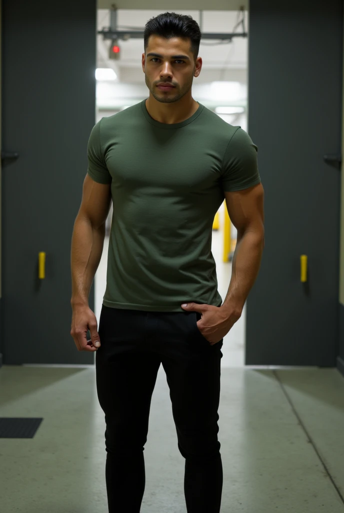 Javier, 25 years old, medium height. Athletic body, with sculpted muscles, broad shoulders, and legs showing quadriceps with well-developed glutes, light brown skin. Short, jet-black hair. Light brown eyes. He is wearing tight-fitting black pants and a tig...