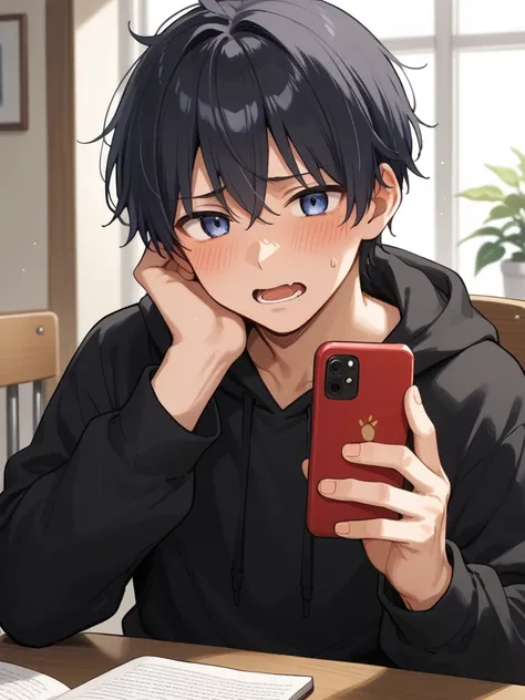  black hair, stupid hair,  blushes, 恥ずかしくてEmbarrassed,  expressions,  open your mouth slightly,  1 adult male with a red neckline,  illustration ,  chair,Embarrassed, black hoodie, has bangs, holding a smartphone in hand、Shy