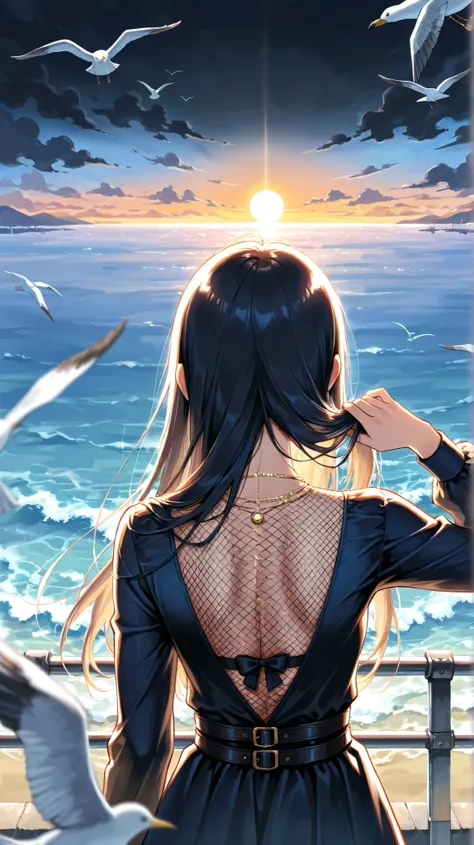 (artist :Suzan Pitt:1.1),(artist :Stewart Cowley:0.8),(artist :Steven Outram:1.1) 
youlizi-yuri,original,highres,
1girl,very long Black hair,Multiple belts,necklace,black_bow,black dress, long sleeve,
outdoors,ocean,seagull,shadow, detailed background ,upp...