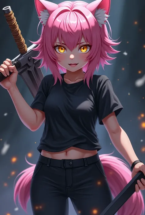  an anime werewolf girl ,  fair skin ,  pink hair,  golden eyes, black cover,  black t-shirt,  black pants ,  serious and furious expression, wielding a heavy sword.
