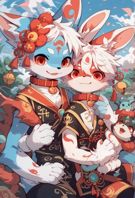 Bunny Boy， furry boy， toddlers，Long ears，White hair， White Skin，Intang Red Dot ，Red collar ，Lunar New Year Outfits