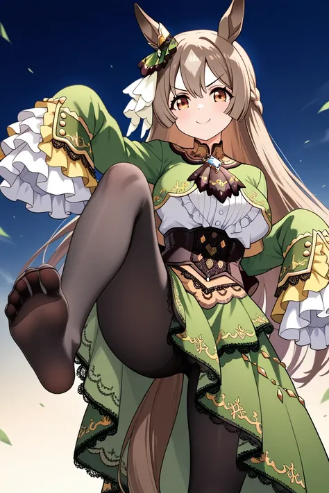 1girl, solo,  satono diamond,upper body, anime captured,,large breasts, ((,brown eyes,smile, v shape eyebrows,feet,knee))horse ears, horse tail, horse girl,sleeves past wrists, sleeves past fingers, frilled sleeves, frills, long sleeves, corset, green dres...