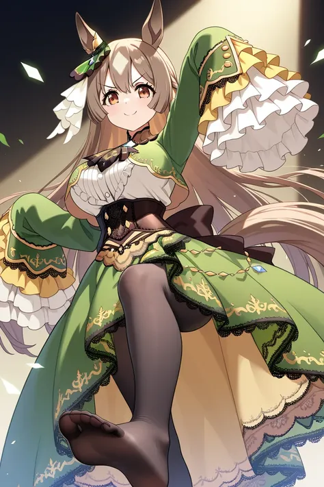 1girl, solo,  satono diamond,upper body, anime captured,,large breasts, ((,brown eyes,smile, v shape eyebrows,feet,knee))horse ears, horse tail, horse girl,sleeves past wrists, sleeves past fingers, frilled sleeves, frills, long sleeves, corset, green dres...