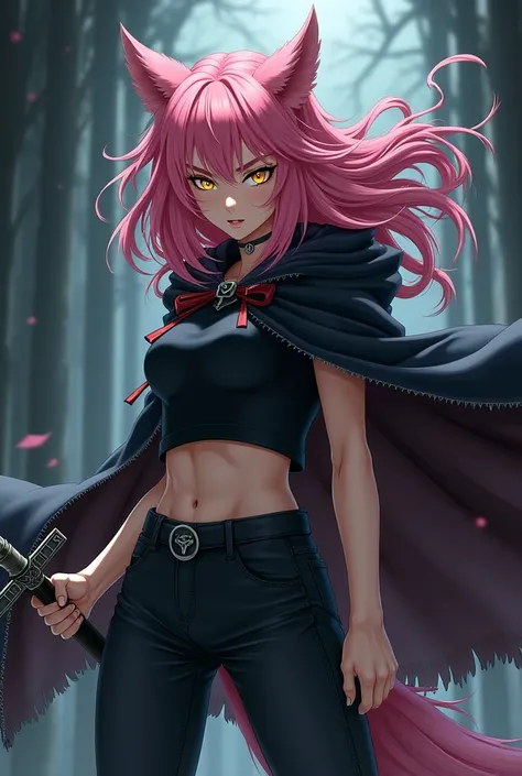  an anime werewolf girl ,  fair skin ,  pink hair,  golden eyes, Black cloak,  black t-shirt,  black pants ,  serious and furious expression, wielding a heavy sword.
