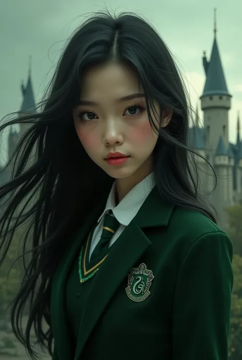 asian beautiful woman with long black hair flowing and dark green eyes, nice pale skin body and breast, wearing a Slytherin uniform, Slytherin, Hogwarts wizarding school for background