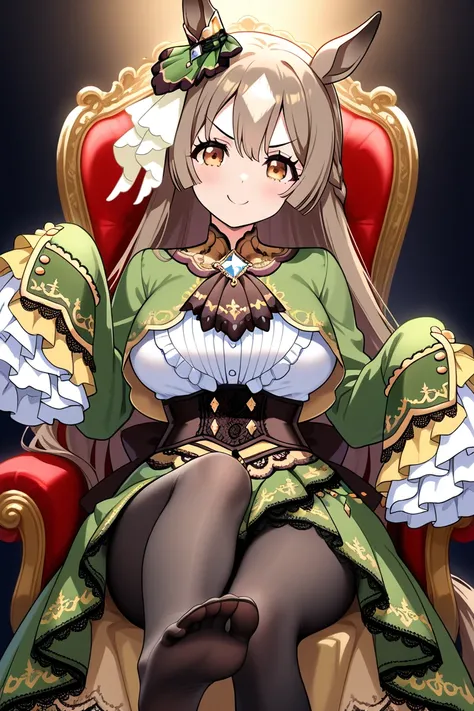 1girl, solo,  satono diamond,upper body, anime captured,,large breasts, ((sitting on chair,brown eyes,smile, v shape eyebrows,feet,knee))horse ears, horse tail, horse girl,sleeves past wrists, sleeves past fingers, frilled sleeves, frills, long sleeves, co...