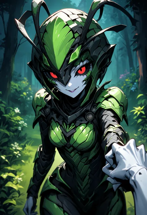 solo, 1girl, woman, cowboy shot, close up, alien, garden, cottage, forest, leaning closer, looking at viewer, POV, approaching viewer, holding hands, flowers, carapace, white skin, green accents, antennae, thin, six eyes, black sclera, skin shell, light ar...