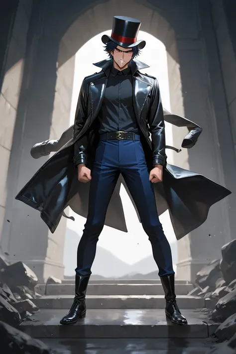 Boy of 20 wearing a leather trench coat black shirt dark blue pants boot shoes top hat standing in front of the horizon with an angry face 